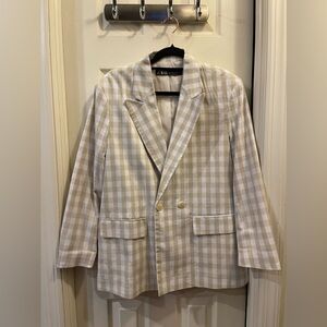 ZARA Gingham Blazer Double Breasted Tan White Plaid Cotton Blend Jacket